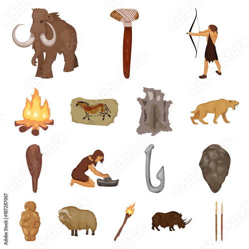 Life in the Stone Age cartoon icons in set collection for design. Ancient people vector symbol stock web illustration.