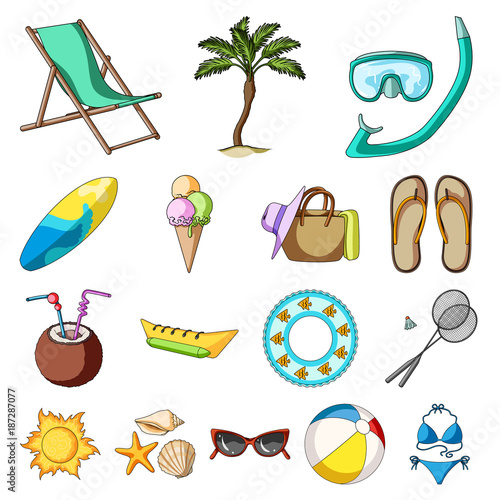 Summer rest cartoon icons in set collection for design. Beach accessory vector symbol stock web illustration.