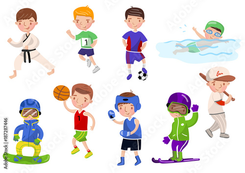 Boys exercising and playing different sports, kids doing sports cartoon vector Illustrations