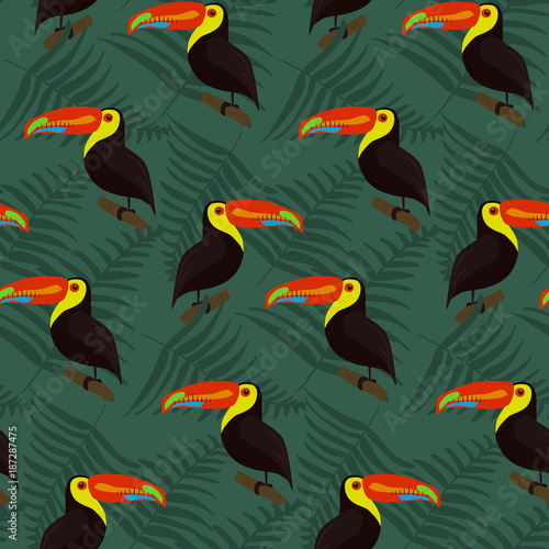 Dark tropical forest pattern with bright cute toucans and leaves. Jungle texture with colorful exotic birds for textile, cloth design, wallpaper, cover, package, wrapping paper