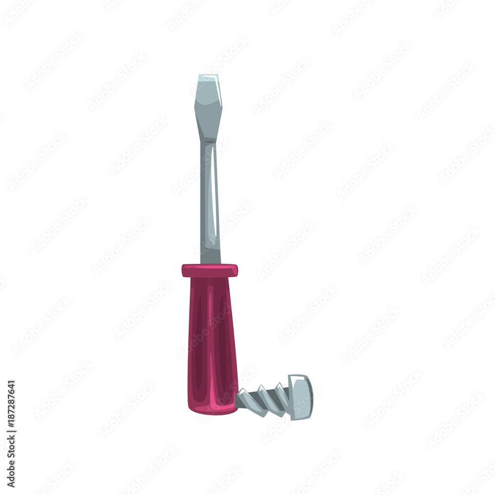 Fototapeta premium Creative letter L in form of screwdriver with purple handle and screw with thread. Cartoon character in flat style. English alphabet concept. Flat vector design