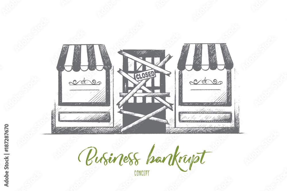 Business bankrupt concept. Hand drawn closed sign hanging in a shop window. Troubles in business isolated vector illustration.