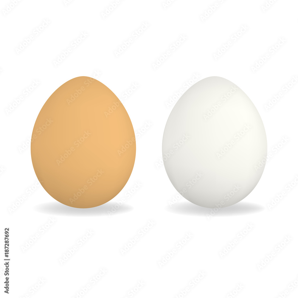 Set of white and brown vector realistic chicken eggs with shadow isolated on white background. Egg mockup for market or store design, easter advertisement Set of white and brown vector realistic chicken eggs with shadow isolated on white background. Egg mockup for market or store design, easter advertisement
