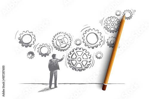 Business system concept. Hand drawn manager builds a business system with gear. Teamwork with gear system isolated vector illustration.