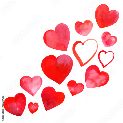 Vector set of watercolor hearts for valentines, isolated on white