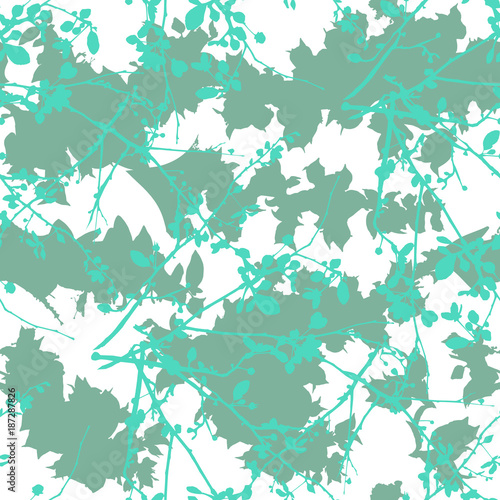 A vector seamless pattern of ink branches with leaves and flowers