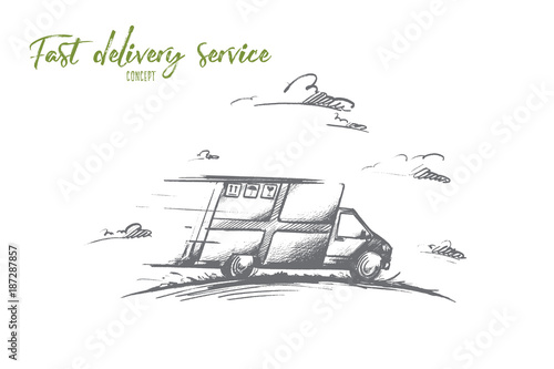 Fast delivery service concept. Hand drawn delivery by car. Courier delivery service isolated vector illustration.