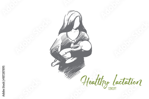 Healthy lactation concept. Hand drawn mother breastfeeding baby. Baby eating mother's milk isolated vector illustration.