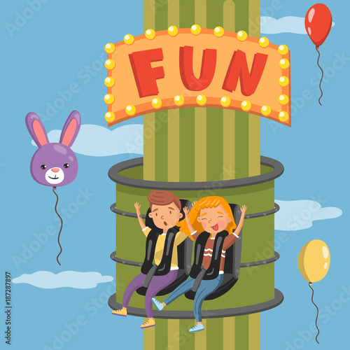 Young people having fun on launched freefall attraction in amusement park vector illustration, design element for poster or banner