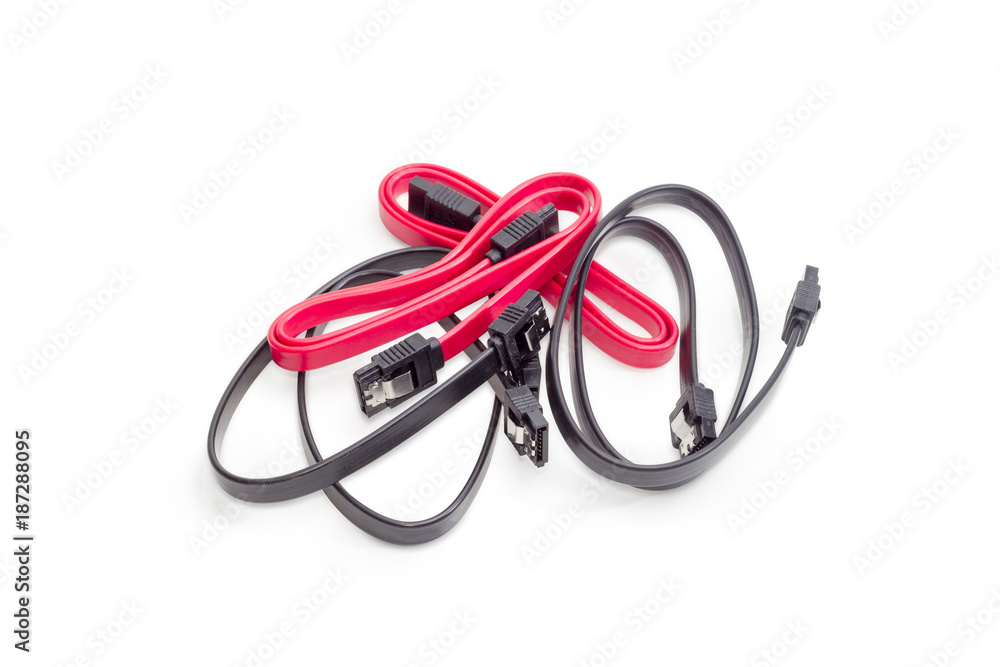 Red and black cables for computers technology on white background Red and black cables for computers technology on white background