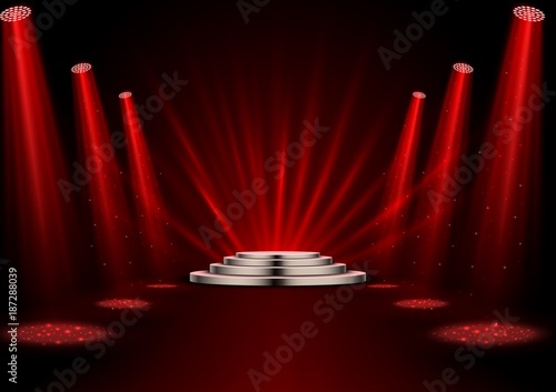 Red spotlights with white podium on dark background