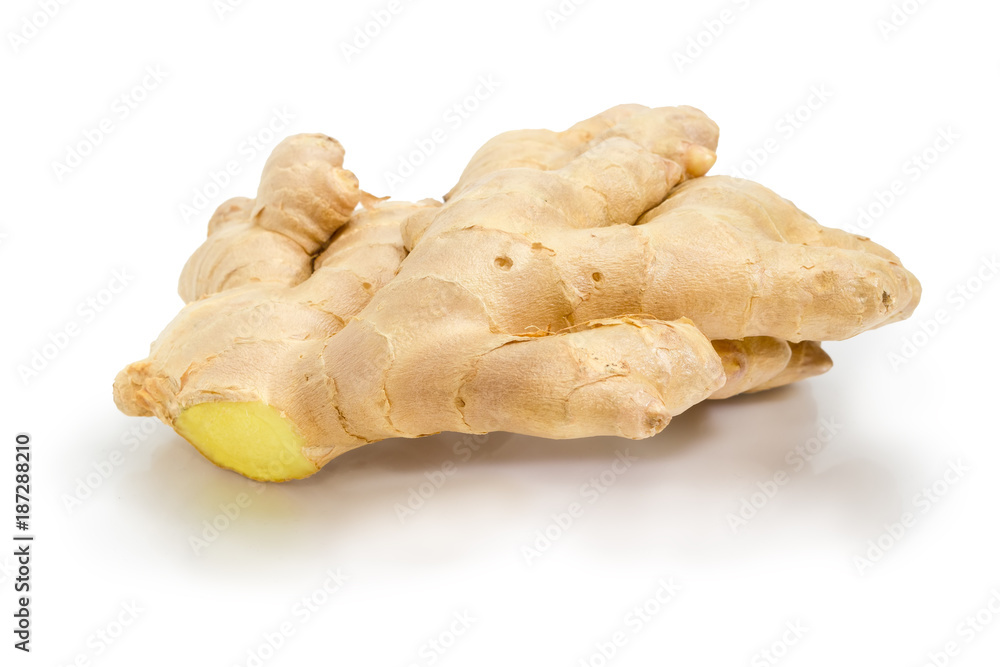 Ginger rhizome closeup on a white background