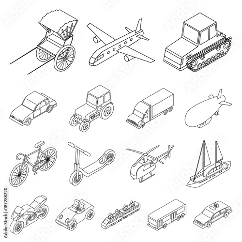 Different types of transport outline icons in set collection for design. Car and ship isometric vector symbol stock web illustration.