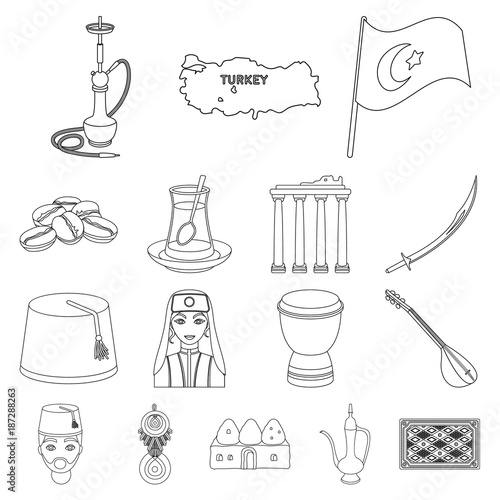 Turkey country outline icons in set collection for design.Travel and attractions vector symbol stock web illustration.