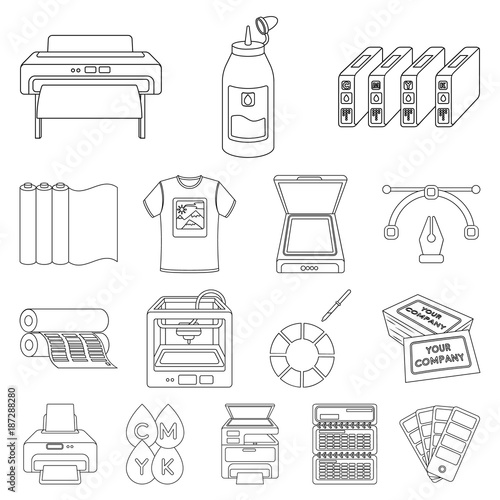 Typographical products outline icons in set collection for design. Printing and equipment vector symbol stock web illustration.