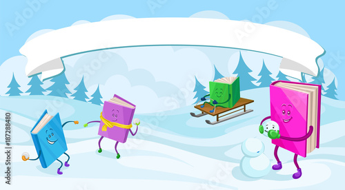 Humanized books characters with smiling faces having fun in winter holidays vector illustration, colorful design element for poster or banner