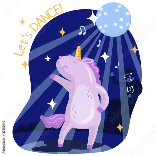 Cute funny unicorn dancing, music party. Lets dance vector illustration, design element for poster or banner