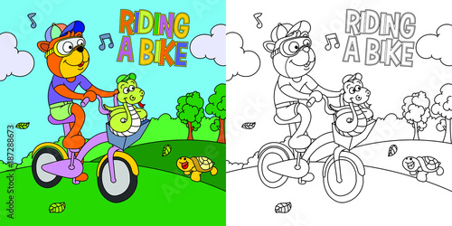 cute tiger riding bicycle with a snake on the park, coloring page for children