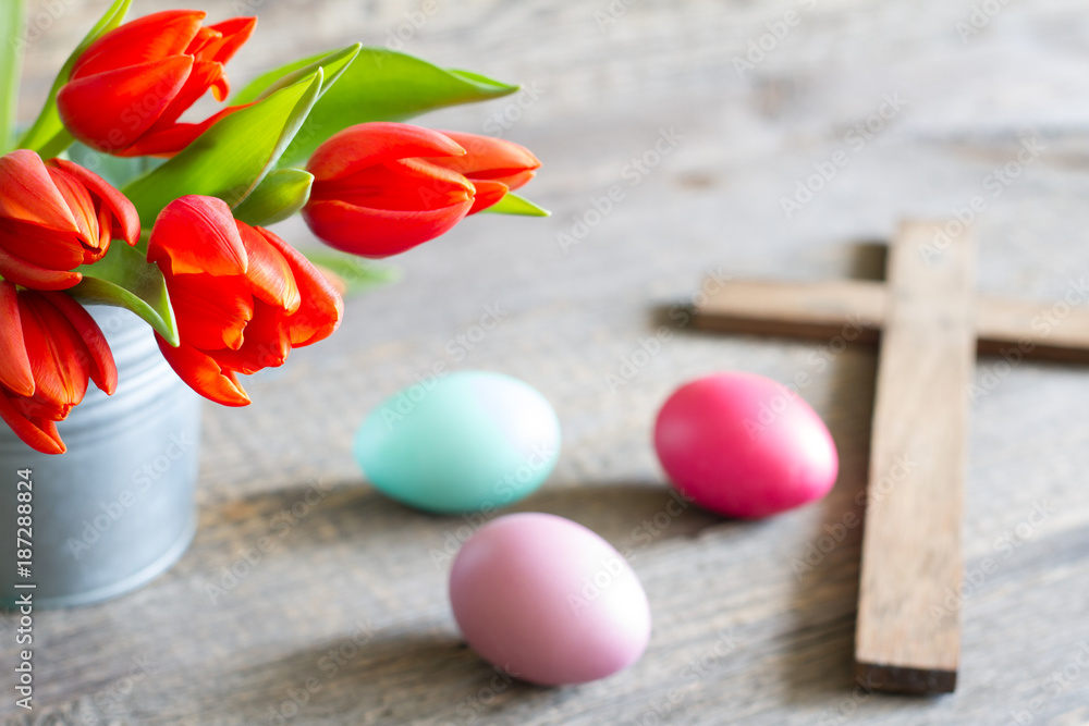 Easter spring red tulips and cross on abstract wooden background
Easter spring red tulips and cross on abstract wooden background