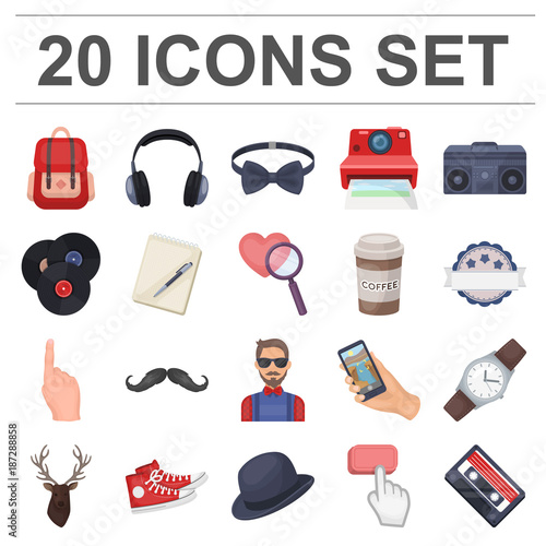 Style Hipster cartoon icons in set collection for design. Hipster Attributes and accessories vector symbol stock web illustration.