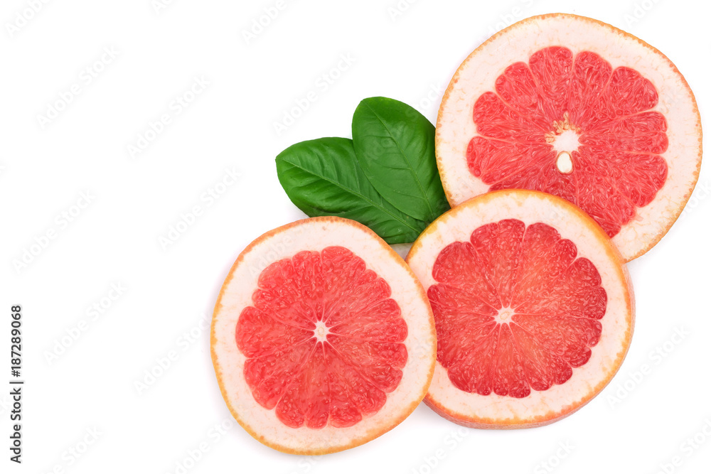 Grapefruit slices with leaves isolated on white background with copy space for your text. Top view. Flat lay pattern Grapefruit slices with leaves isolated on white background with copy space for your text. Top view. Flat lay pattern
