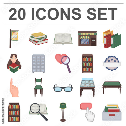 Library and bookstore cartoon icons in set collection for design. Books and furnishings vector symbol stock web illustration.
