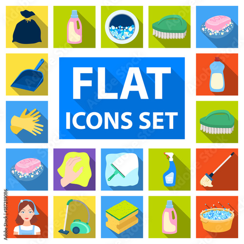 Cleaning and maid flat icons in set collection for design. Equipment for cleaning vector symbol stock web illustration.