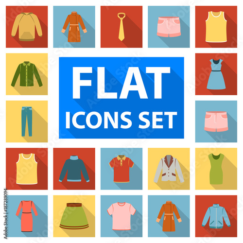 Different kinds of clothes flat icons in set collection for design. Clothes and style vector symbol stock web illustration.