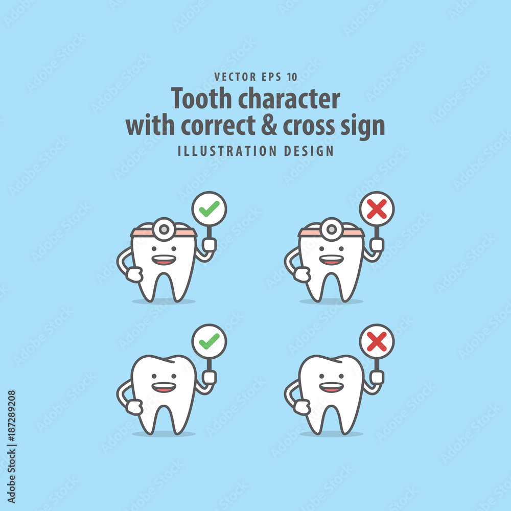 Tooth character with correct & cross sign illustration vector on blue background. Dental concept. Tooth character with correct & cross sign illustration vector on blue background. Dental concept.