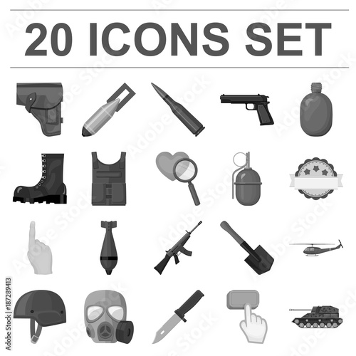 Army and armament monochrome icons in set collection for design. Weapons and equipment vector symbol stock web illustration.