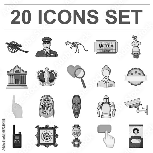Museum and gallery monochrome icons in set collection for design. Storage and exhibition of showpiece vector symbol stock web illustration.