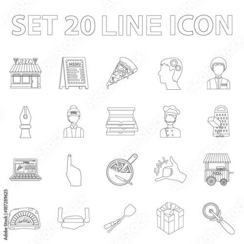 Pizza and pizzeria outline icons in set collection for design. Staff and equipment vector symbol stock web illustration.