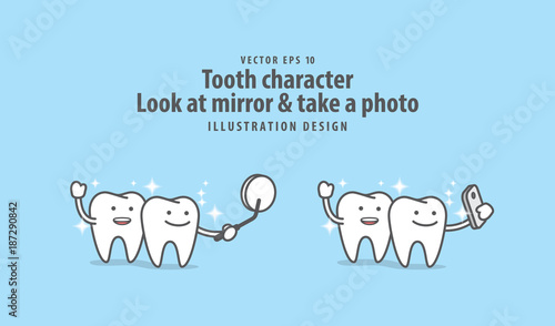 Tooth character Look at mirror & take a photo with mobile phone illustration vector on blue background. Dental concept.