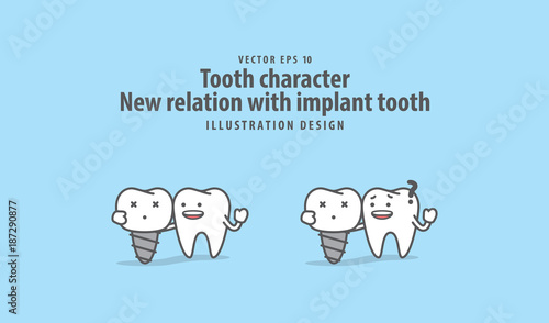 Tooth character New relation between real tooth with implant tooth illustration vector on blue background. Dental concept.
