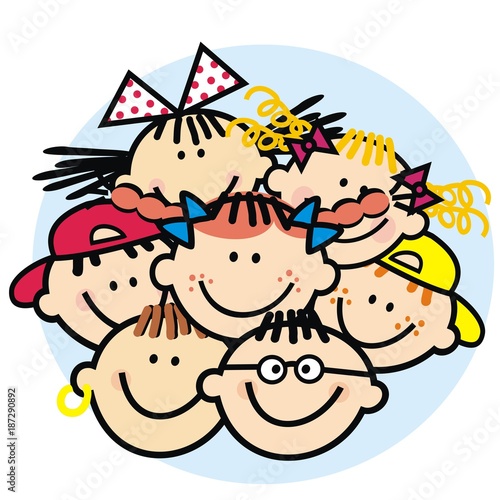 Portrait of girls and boys, blue background, vector icon, funny illustration, crowd od heads of happy kids