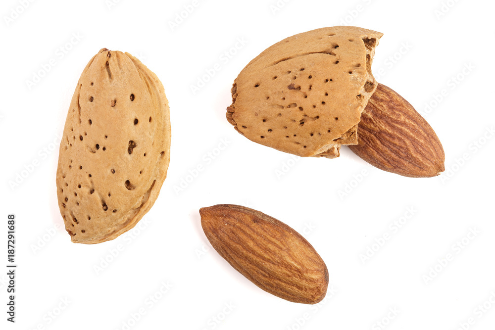 almonds are peeled and unpeeled isolated on white background without a shadow close up. Top view almonds are peeled and unpeeled isolated on white background without a shadow close up. Top view