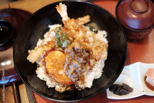 Deep Fried Shrimp and vegetables, Tempura Rice Bowl ,Japanese Tendon