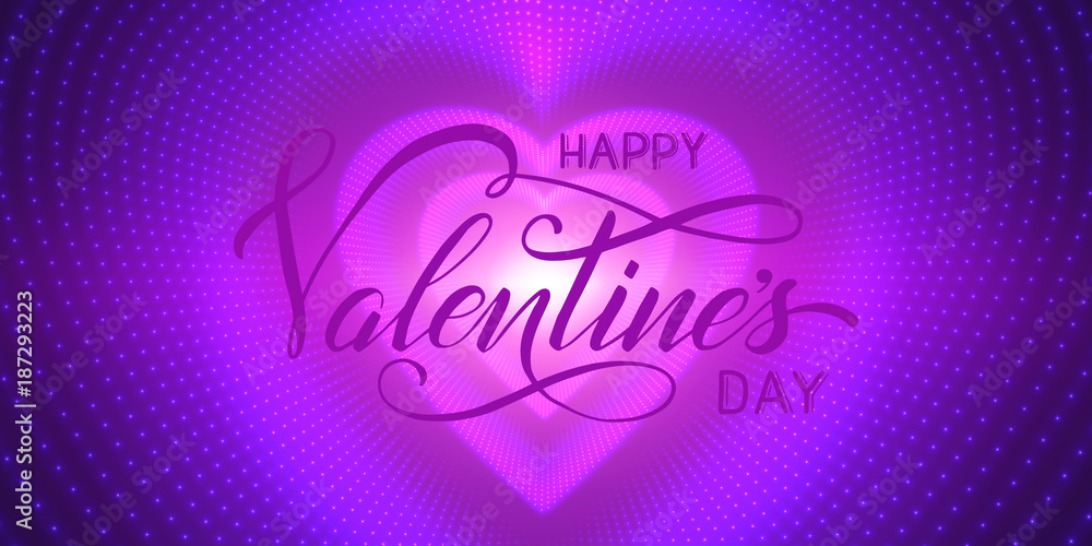 Happy Valentines Day card. Vector infinite heart-shaped tunnel of shining flares on purple background. Glowing heart tunnel. Valentines day gift or invitation card. Tender design for you love.