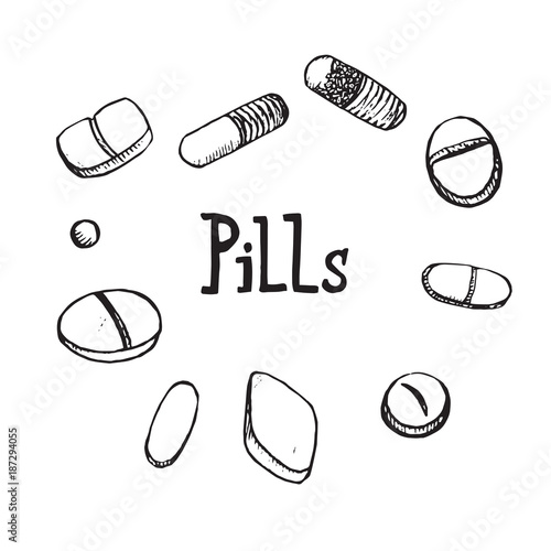 Pills around inscription, hand drawn doodle sketch, isolated vector outline illustration
