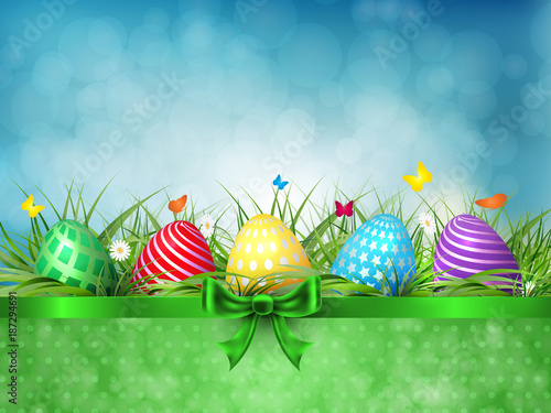 Happy Easter. A congratulatory easter background with multi-colored eggs. A background with copy space.