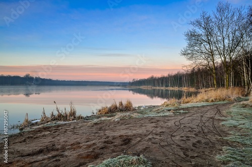 Beautiful winter landscape. Morning on the shore of the lake.