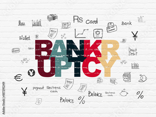 Currency concept  Painted multicolor text Bankruptcy on White Brick wall background with  Hand Drawn Finance Icons