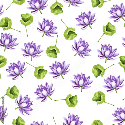 Seamless pattern with lilac lotus flowers and green leaves on white background. Hand drawn watercolor illustration.
