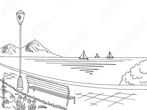 Embankment graphic black white sea landscape sketch illustration vector