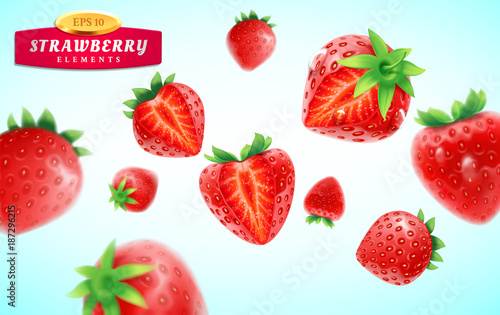 Fototapeta Naklejka Na Ścianę i Meble -  Strawberry set, detailed realistic ripe fresh strawberries with half and quarter of berry and green leaves with water droplets isolated on a blue background. 3d vector illustration.