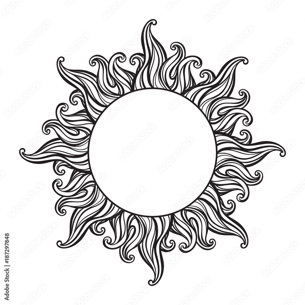 Hand drawn etching style frame in a shape of sun rays vector illustration Hand drawn etching style frame in a shape of sun rays vector illustration