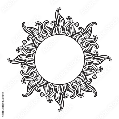 Hand drawn etching style frame in a shape of sun rays vector illustration