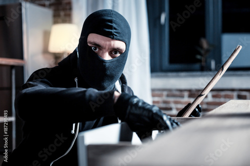 Burglar. Concentrated dark-eyed masked burglar wearing a uniform and holding a folder while looking for something in the table