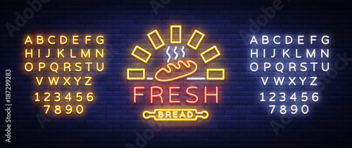 Bakery logo is a neon sign. Vector illustration on the topic of fresh pastries. Neon symbol, bright billboard, night shining advertisement Bakery. Editing text neon sign. Neon alphabet