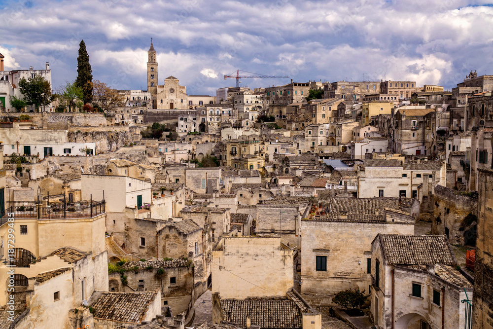 The splendid architecture of historical Matera town in southern Italy with stone houses and caves